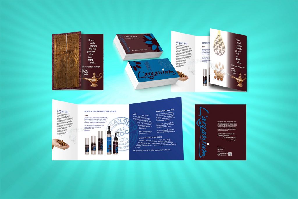 Image of different print collateral for the "L'arganium" brand, business cards and brochure.