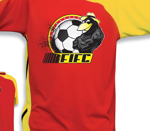 Print background image of a screen printed shirt muscular soccer mascot of a crow and soccer ball.